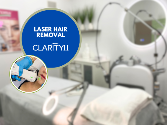 Clarity II laser hair removal handle, and Aroma laser's room with laser machine in the background