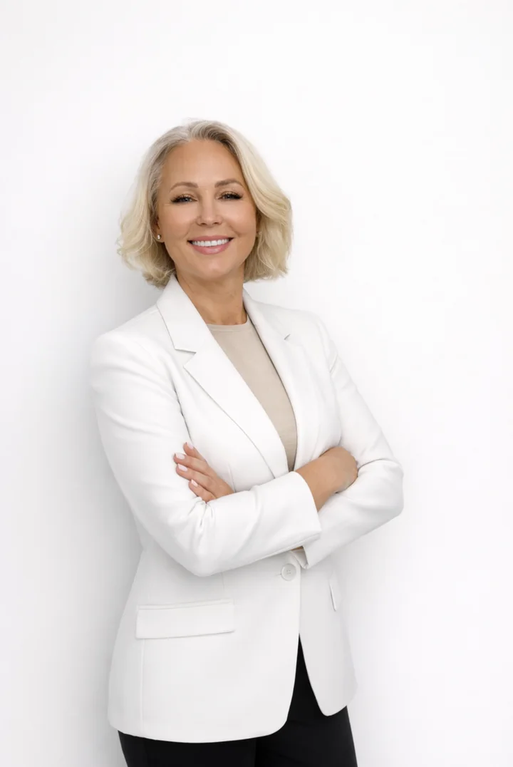 Mary Miljan, founder of Aroma Waxing and Laser Clinic, wearing a white blazer