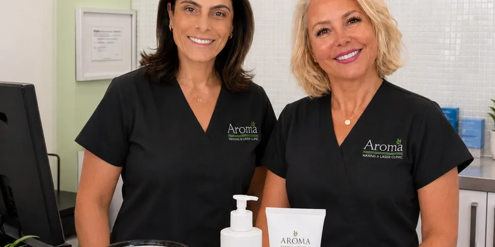 Aroma Waxing & Laser Clinic team with wax warmer and aftercare products for waxing services in Toronto