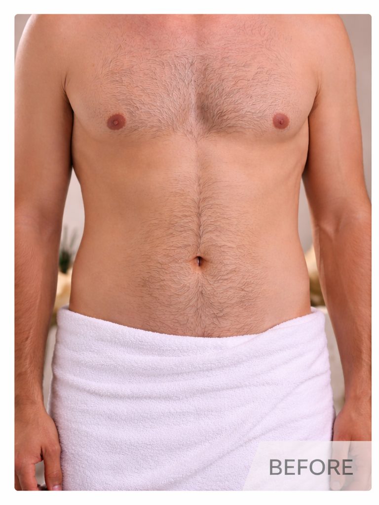 Before stomach and chest laser hair removal result showing visible torso hair