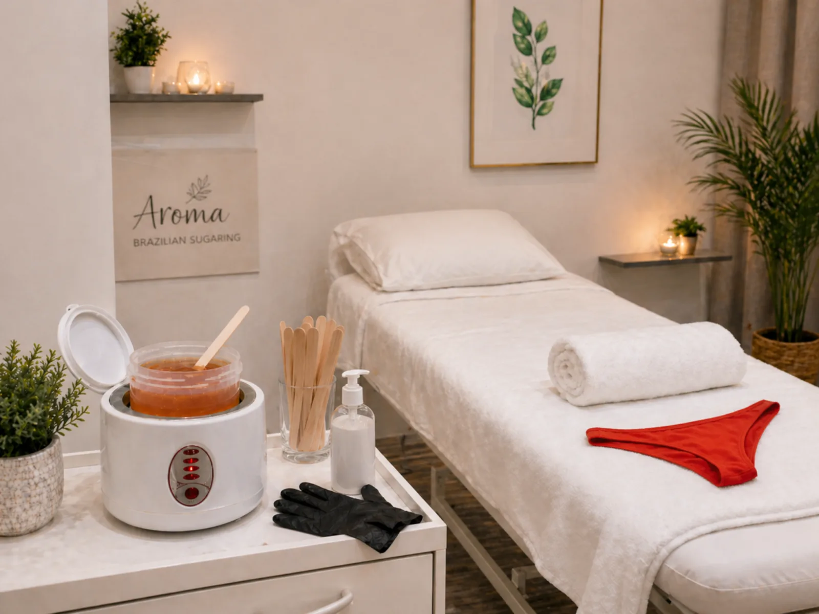 Clean bikini sugaring treatment room at Aroma with sugar paste, towel, and treatment bed