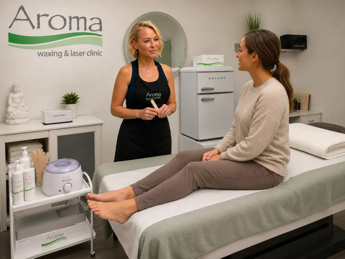 Bikini waxing consultation in an Aroma Waxing and Laser Clinic treatment room in Toronto