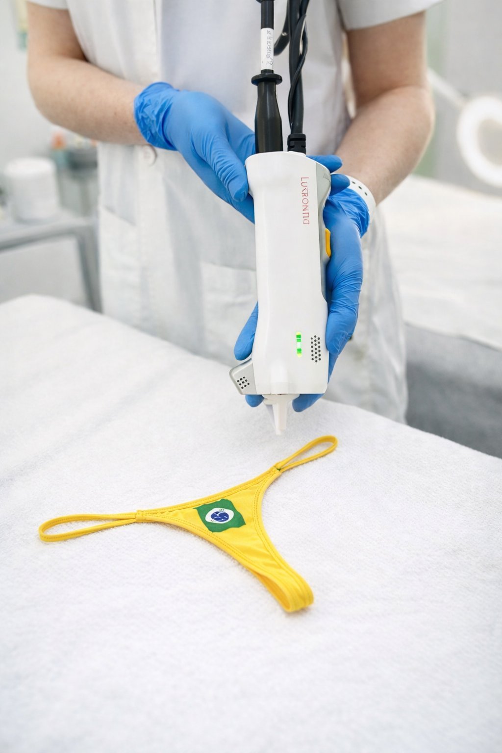 Brazilian laser hair removal treatment using Lutronic Clarity II handpiece at Aroma Waxing and Laser Clinic Toronto.