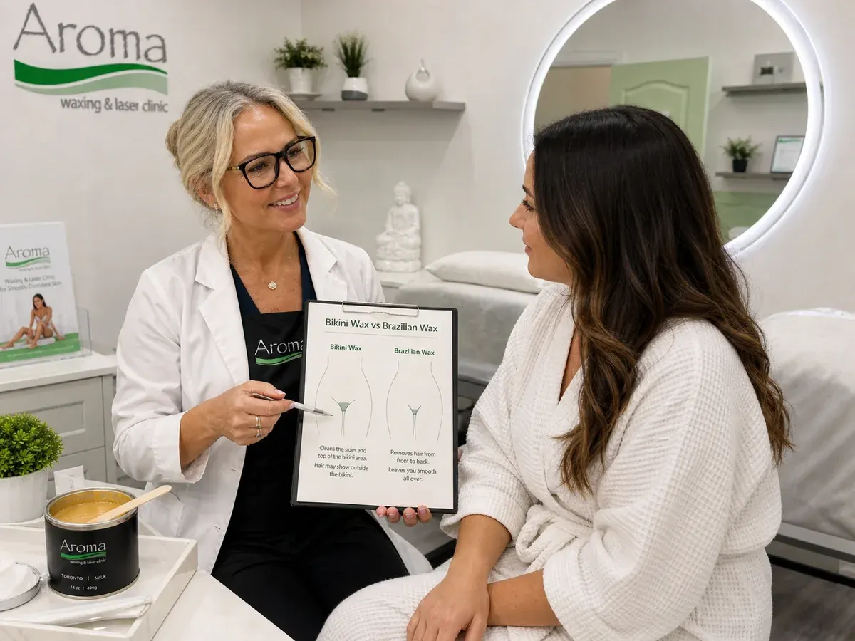 Brazilian vs bikini waxing and sugaring coverage guide at Aroma Toronto