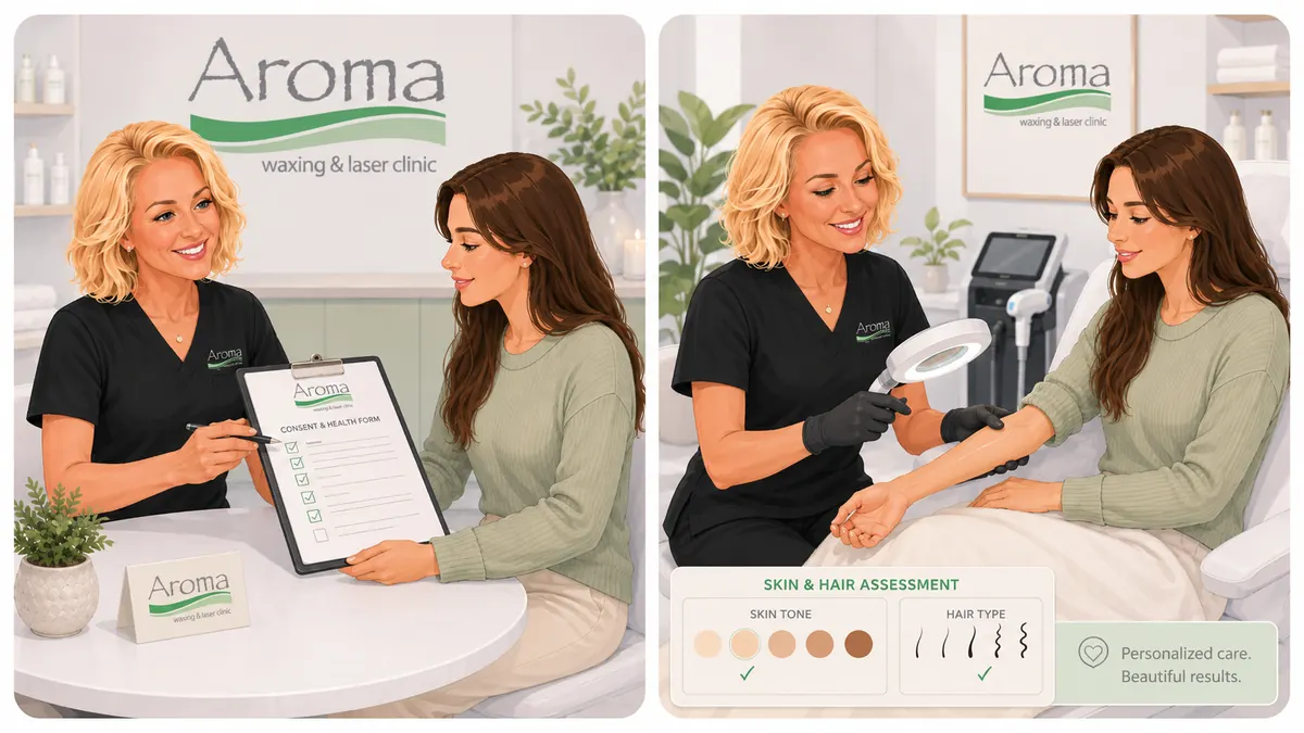 Laser consultation illustration showing an Aroma laser specialist reviewing the consent and health form, then assessing skin and hair