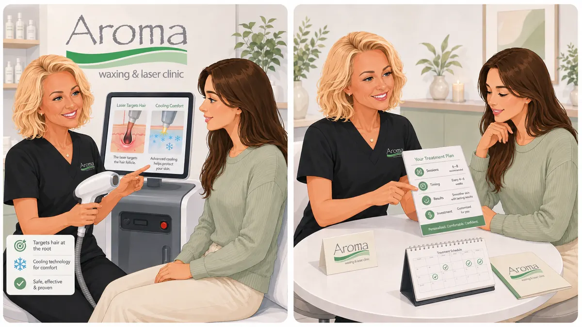 Laser consultation illustration showing laser technology explanation and a treatment plan with timing and pricing