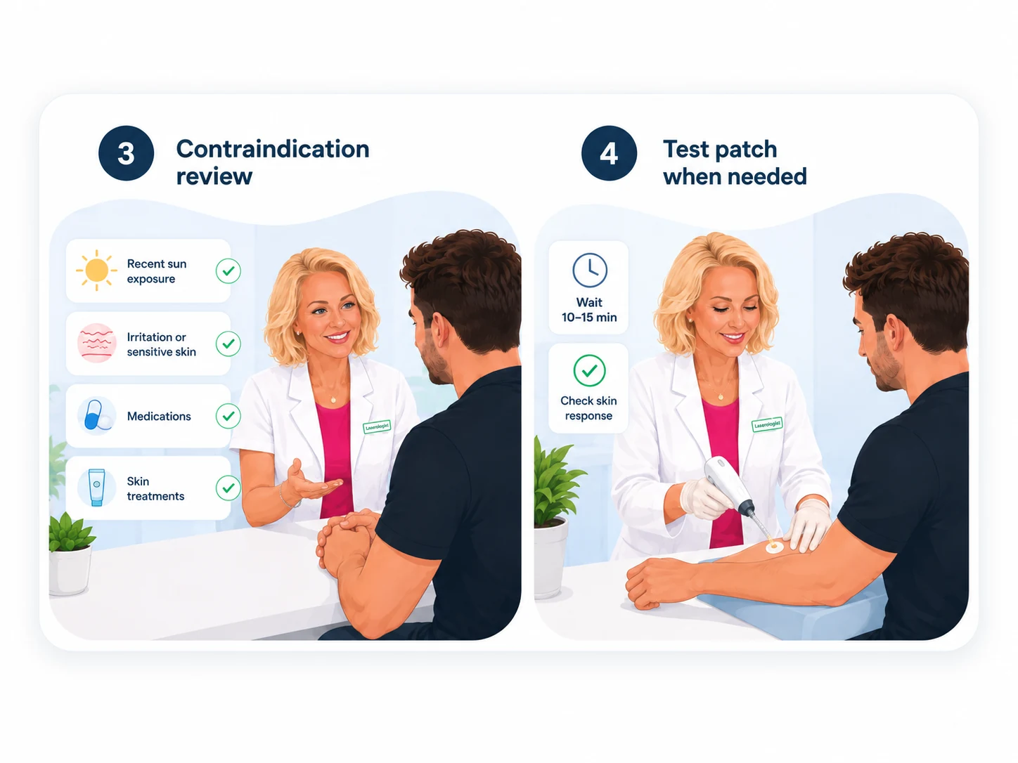 Steps 3 and 4 of your first laser visit at Aroma, contraindication review and test patch when needed