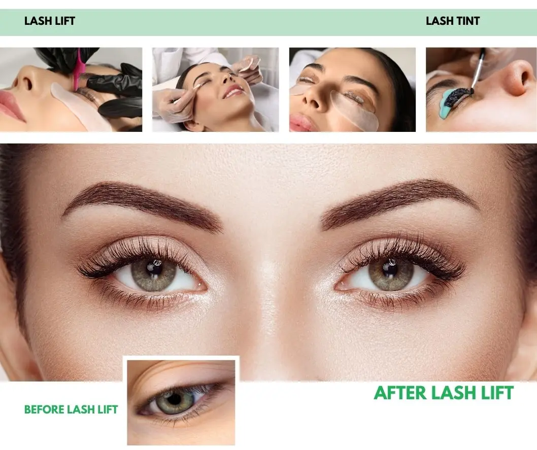 Before and after lash lift at Aroma Waxing and Laser Clinic Toronto showing lifted, defined natural lashes