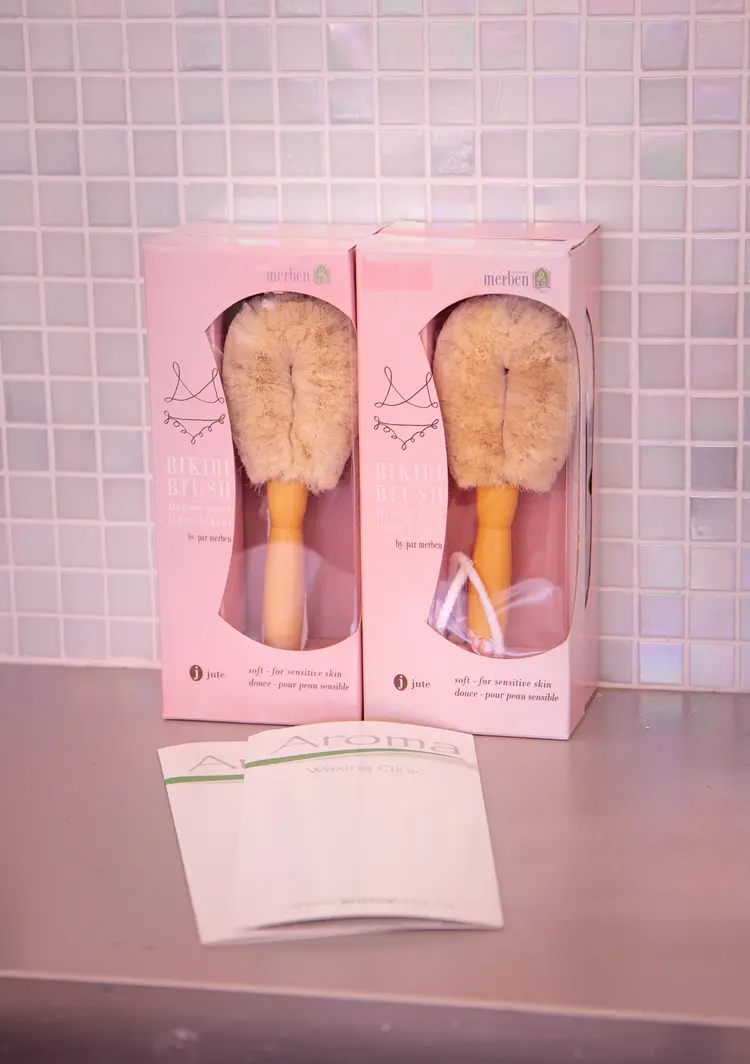 Merben soft handmade bikini area exfoliating brush at Aroma Toronto