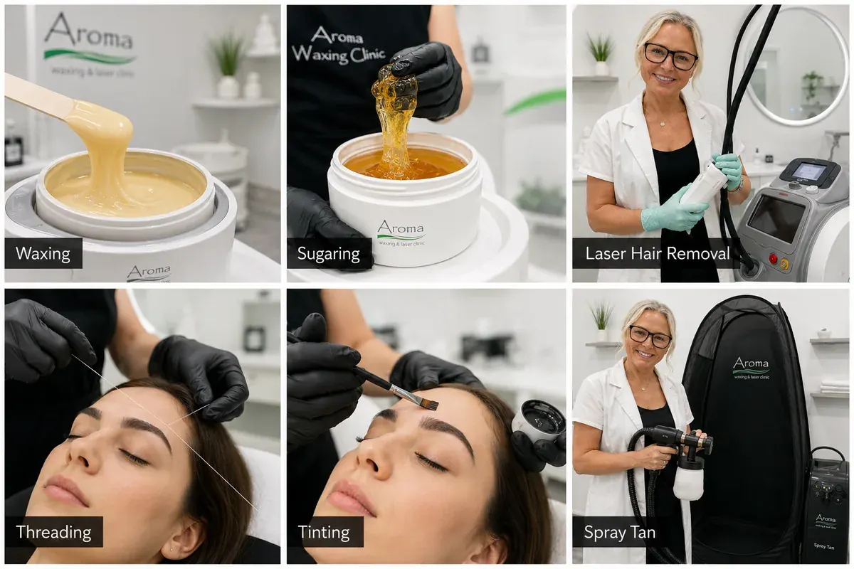 Aroma services by location collage for waxing sugaring laser threading tinting and spray tan